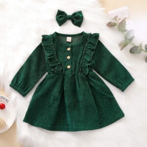 Karuedoo Kids Toddler Baby Girl Corduroy Ruffle Long Sleeve Dress Princess Party Dress Fall Winter Skirt Outfit (A-Green, 6-12M)