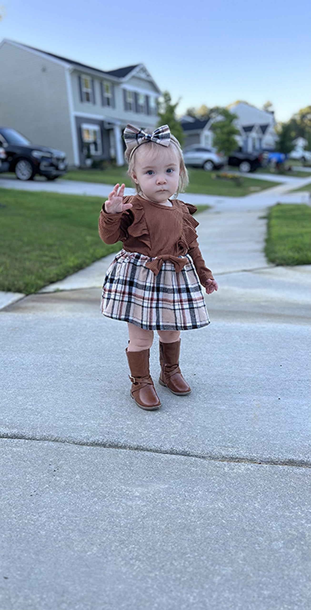 Toddler Baby Girl Fall Winter Outfit Set Plaid Romper Dress Ruffles Long Sleeve Clothes Jumpsuit with Bow Headband (Brown, 0-3 Months)