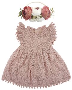 bgfks baby girl tutu dress elegant lace pom pom flutter sleeve with flower headband set(dusty rose,12 months)