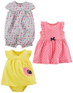 simple joys by carter's baby girls' 3-pack romper, sunsuit and dress, pink dots/white floral/yellow bird, 6-9 months