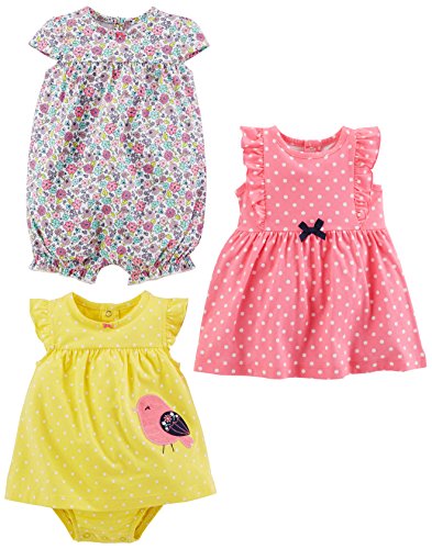 Simple Joys by Carter's Baby Girls' 3-Pack Romper, Sunsuit and Dress, Pink Dots/White Floral/Yellow Bird, 6-9 Months