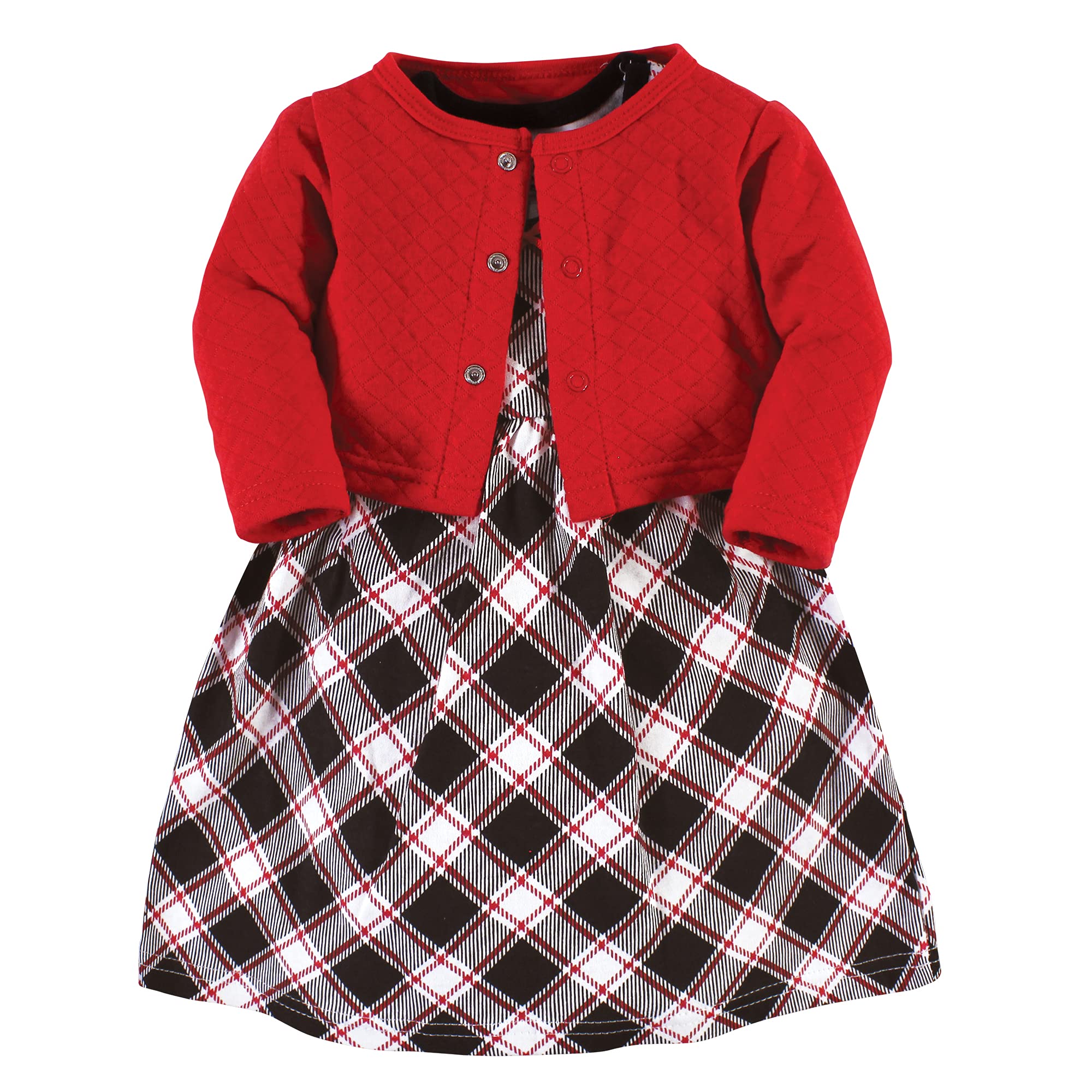 Hudson Baby Baby Girls' Quilted Cardigan and Dress, Black Red Plaid, 0-3 Months