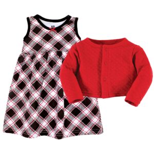 Hudson Baby Baby Girls' Quilted Cardigan and Dress, Black Red Plaid, 0-3 Months