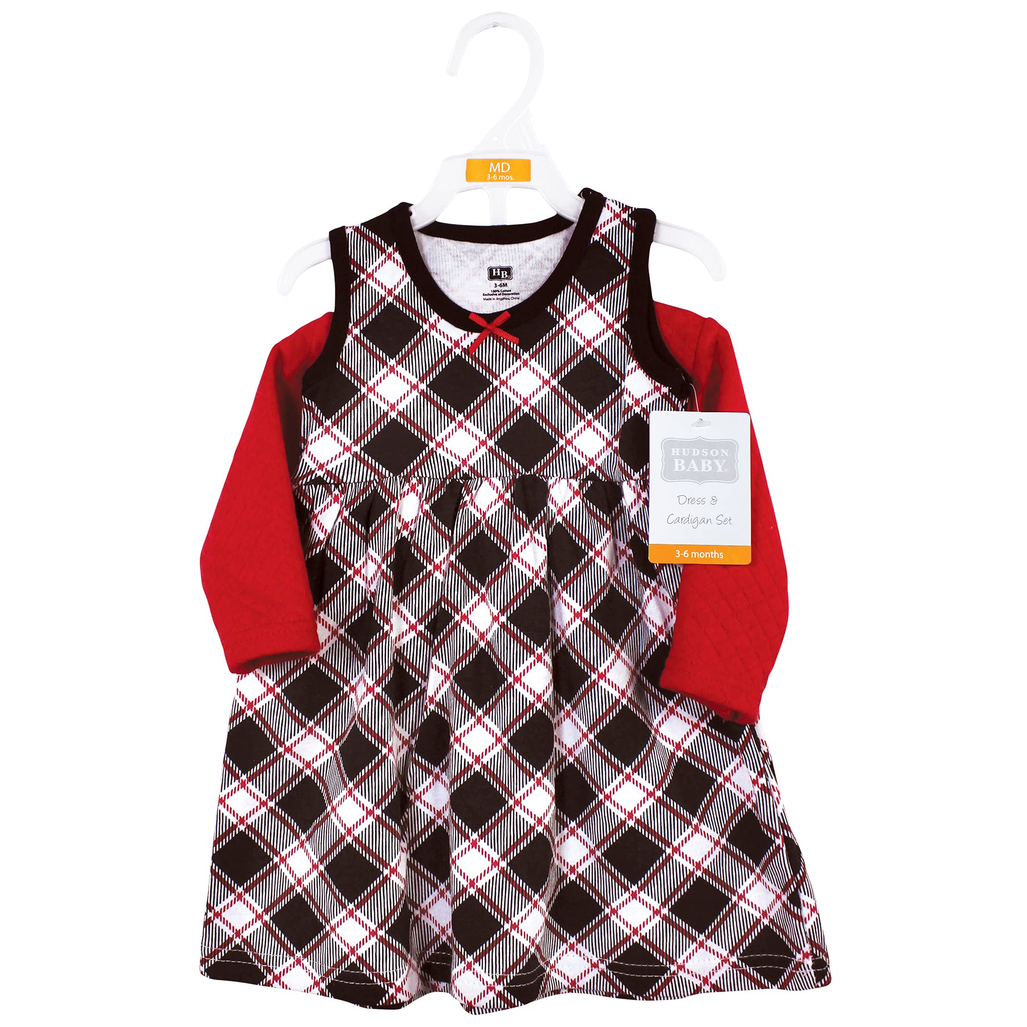 Hudson Baby Baby Girls' Quilted Cardigan and Dress, Black Red Plaid, 0-3 Months