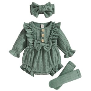 grnshts newborn baby girl clothes ruffle solid sweater romper long sleeve button bodysuit+hairband+socks 3pcs fall winter outfits(green,6-9 months)