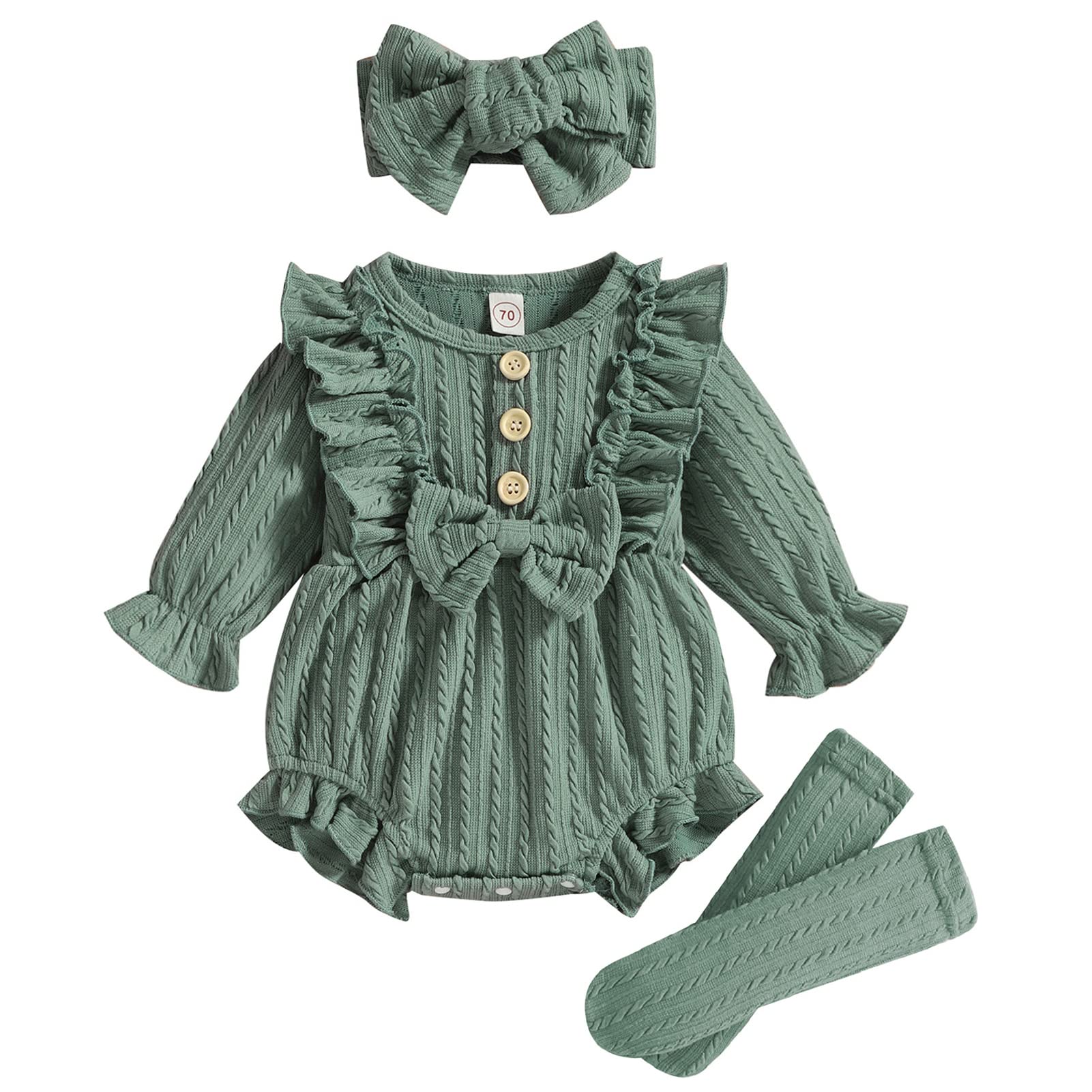 GRNSHTS Newborn Baby Girl Clothes Ruffle Solid Sweater Romper Long Sleeve Button Bodysuit+Hairband+Socks 3Pcs Fall Winter Outfits(Green,6-9 Months)