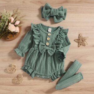 GRNSHTS Newborn Baby Girl Clothes Ruffle Solid Sweater Romper Long Sleeve Button Bodysuit+Hairband+Socks 3Pcs Fall Winter Outfits(Green,6-9 Months)