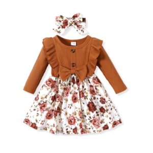 patpat baby girl dress infant girls long sleeve baby casual dress round neck floral print a-line dress ginger 12-18 months