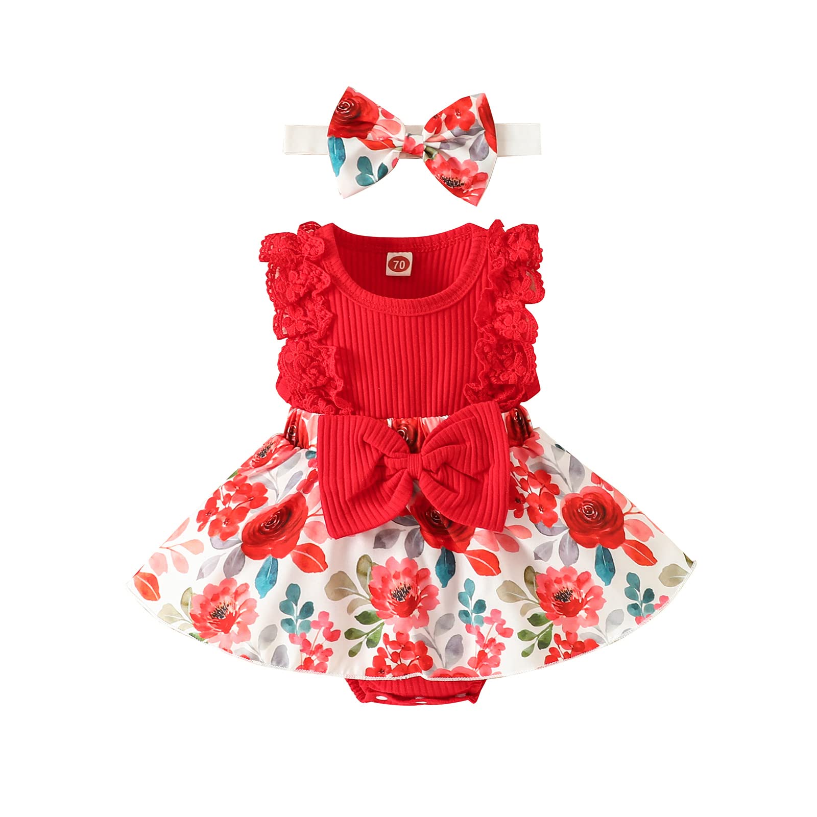 Newborn Girl Clothes Sleeveless Lace Floral Romper Dress Jumpsuit Bodysuit with Headband Infant Baby Summer Outfits (Red,3-6M)