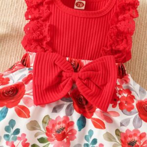 Newborn Girl Clothes Sleeveless Lace Floral Romper Dress Jumpsuit Bodysuit with Headband Infant Baby Summer Outfits (Red,3-6M)