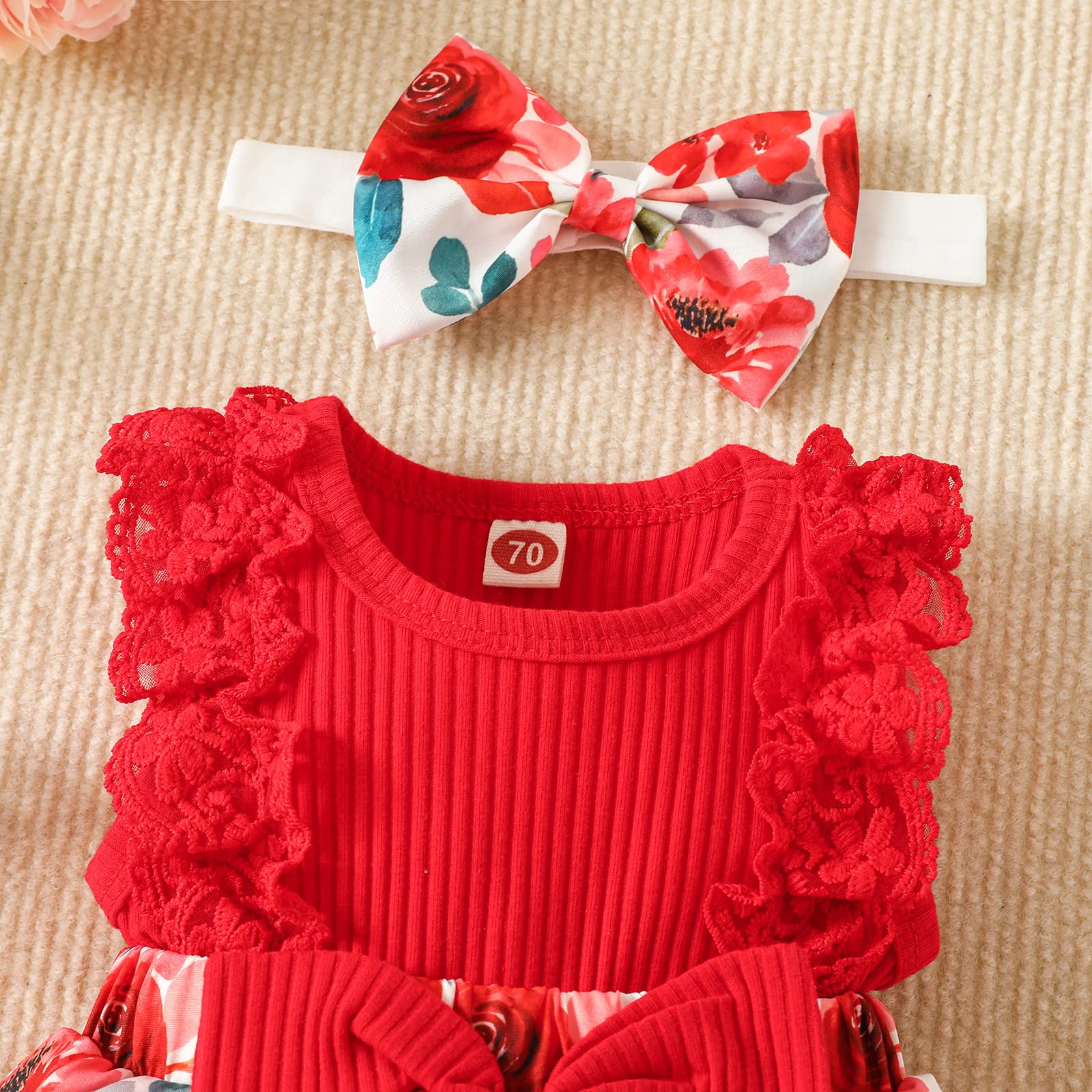 Newborn Girl Clothes Sleeveless Lace Floral Romper Dress Jumpsuit Bodysuit with Headband Infant Baby Summer Outfits (Red,3-6M)