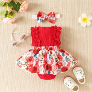 Newborn Girl Clothes Sleeveless Lace Floral Romper Dress Jumpsuit Bodysuit with Headband Infant Baby Summer Outfits (Red,3-6M)