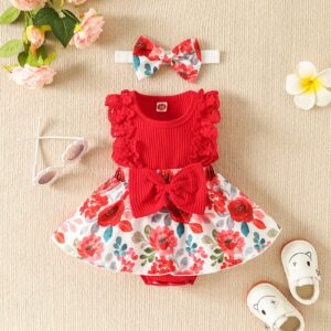 Newborn Girl Clothes Sleeveless Lace Floral Romper Dress Jumpsuit Bodysuit with Headband Infant Baby Summer Outfits (Red,3-6M)