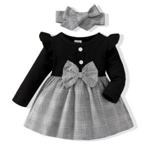 Baby Girl Clothes 3-6 Months Infant Baby Girl Dresses Outfits Winter Fall Plaid Skirt Sets Long Sleeve Rib Romper Dress 3-6 Month Girl Clothes Gifts Stuff Newborn Outfit for Girls Gray