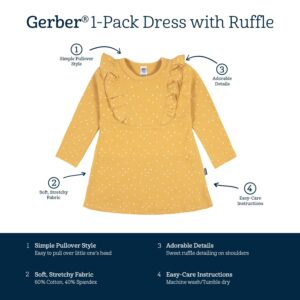 Gerber Baby Girls' Toddler Long Sleeve Dress with Ruffle Detail, Yellow Dots, 18 Months