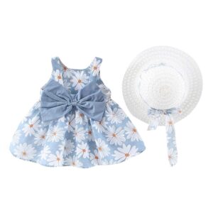 baby girls floral tutu dress summer sleeveless backless princess birthday party dresses toddler little girl first communion pageant flower ruffle bow sundress with sun hat outfit set blue 6-12 months