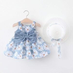 Baby Girls Floral Tutu Dress Summer Sleeveless Backless Princess Birthday Party Dresses Toddler Little Girl First Communion Pageant Flower Ruffle Bow Sundress with Sun Hat Outfit Set Blue 6-12 Months