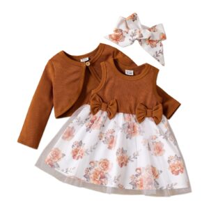 patpat baby girl knit spliced floral mesh brown dress and long-sleeve cardigan with headband 3pcs set 3-6 months