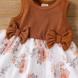 PATPAT Baby Girl Knit Spliced Floral Mesh Brown Dress and Long-Sleeve Cardigan with Headband 3pcs Set 3-6 Months