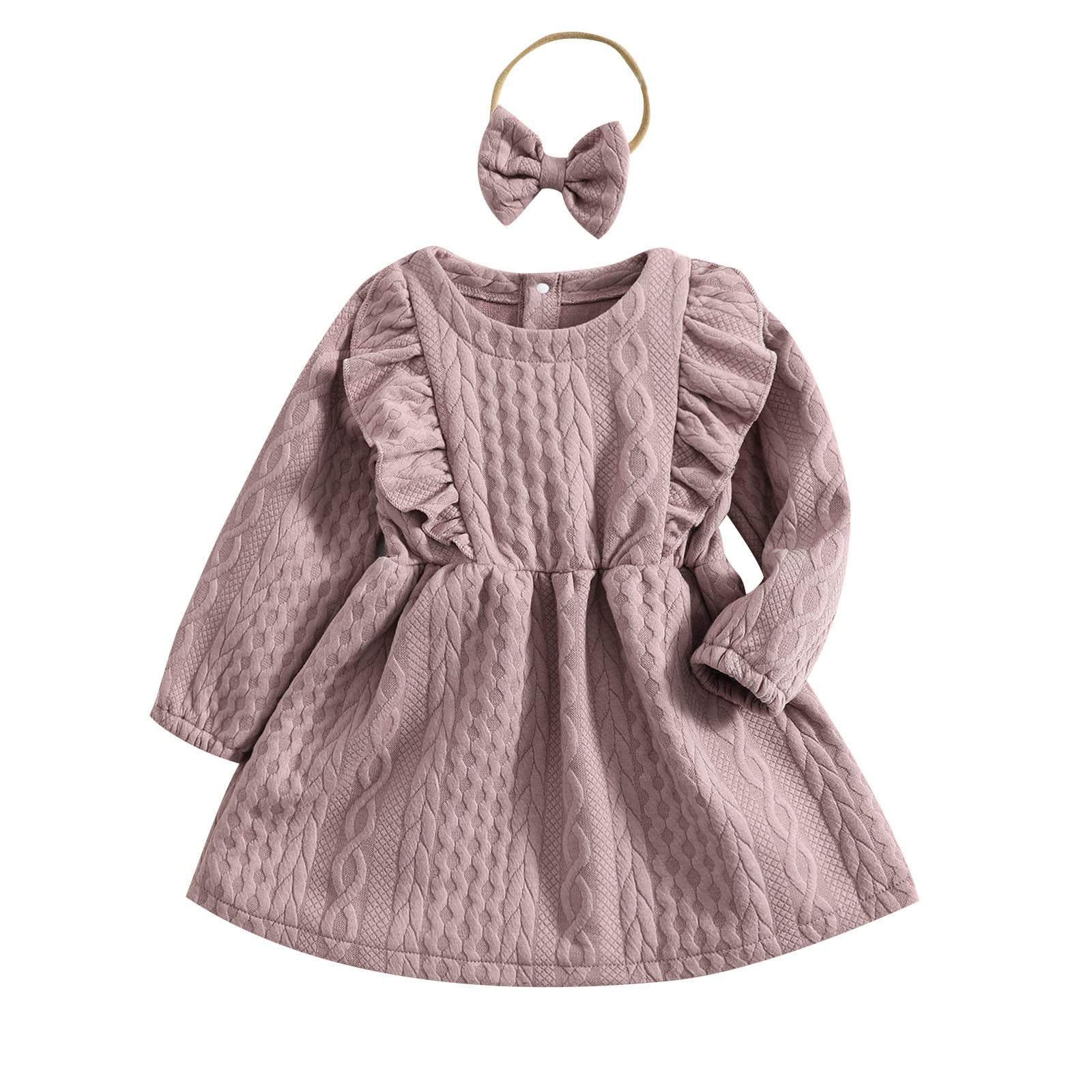 Baby Girl Knit Dress Long Sleeves Sweater Dress Toddler Fall Winter Outfits with Bowtie (Pink, 6-12 Months)