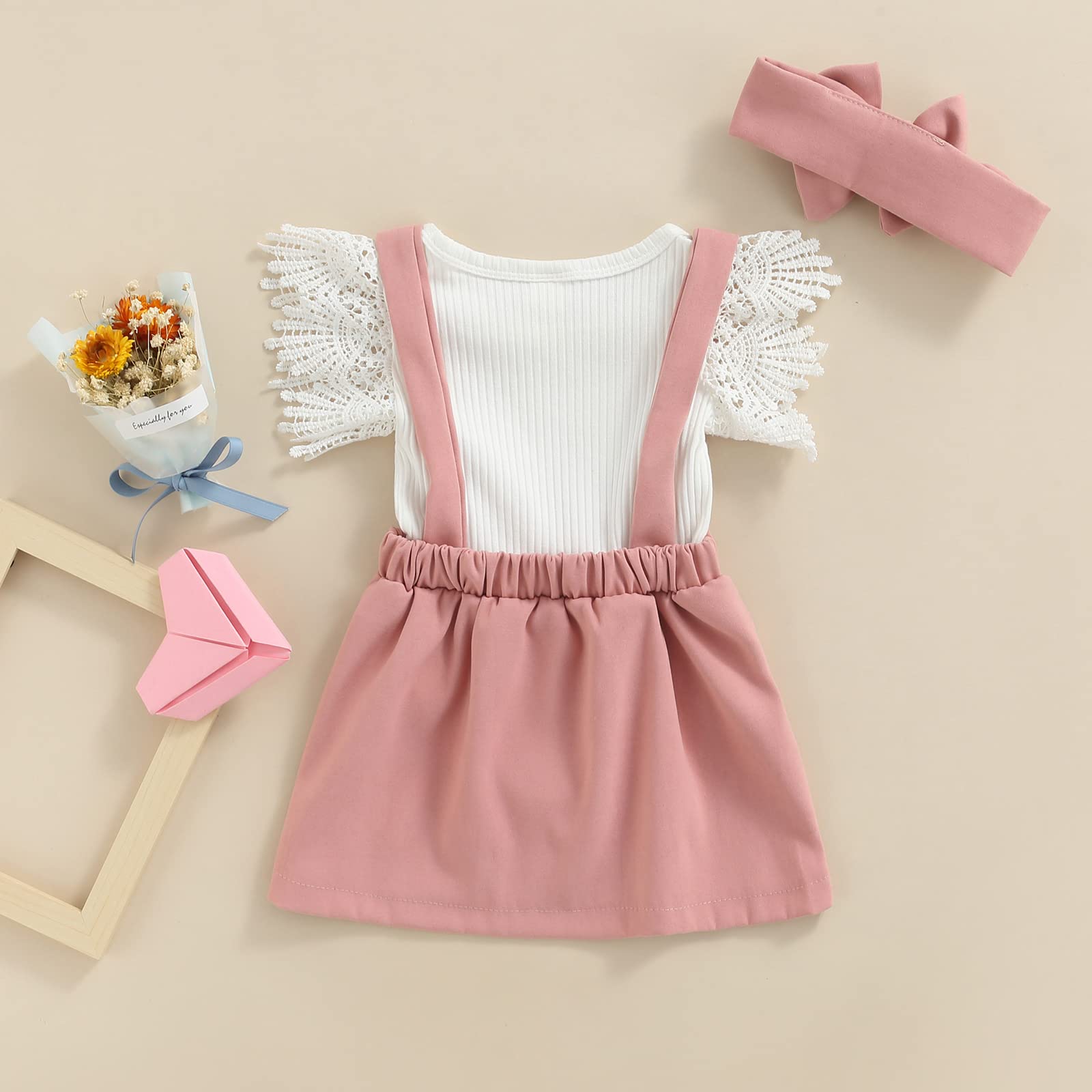 Infant Girls Summer 3Pcs Outfit Sets Ruffle Short Sleeve Ribbed Romper + Suspender Skirt + Headband (A-Pink, 6-12 Months)