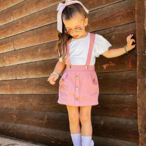 Infant Girls Summer 3Pcs Outfit Sets Ruffle Short Sleeve Ribbed Romper + Suspender Skirt + Headband (A-Pink, 6-12 Months)