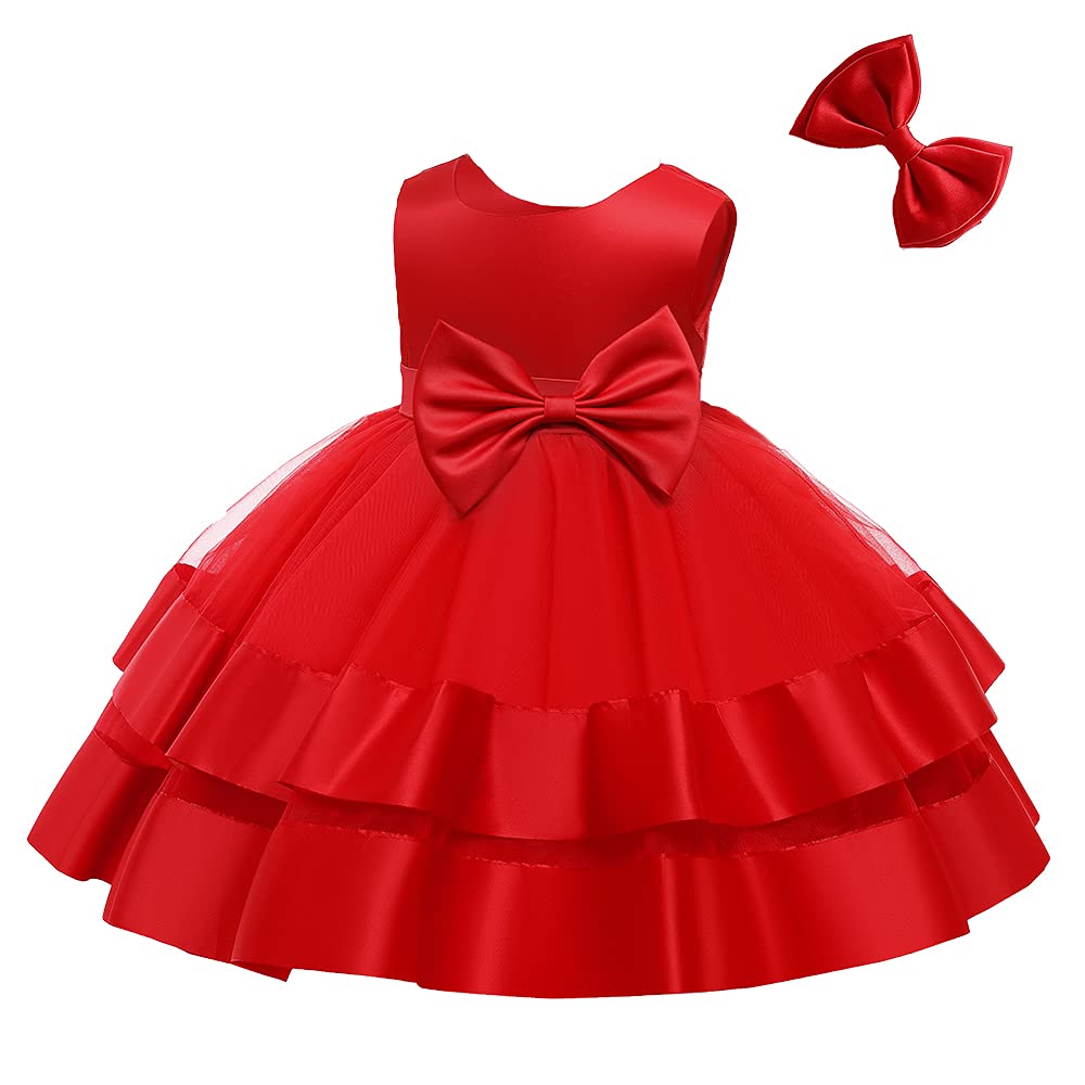 Baby Infant Bowknot Easter Dress Toddler Girls Tutu Gown Ruffles Christmas Formal Party Dresses Frocks (Red,70)