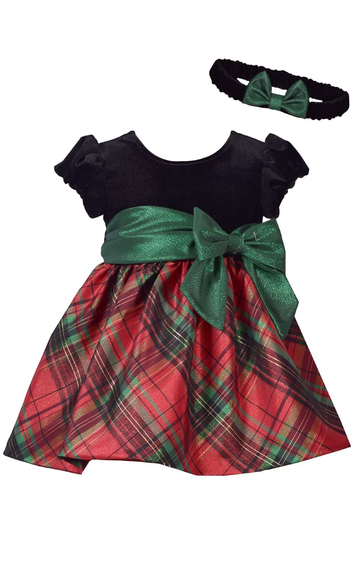 Bonnie Jean Holiday Christmas Dress - Classic Plaid with Velvet with Hair Accessories, Short Sleeve Headband, 3-6 Months