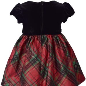 Bonnie Jean Holiday Christmas Dress - Classic Plaid with Velvet with Hair Accessories, Short Sleeve Headband, 3-6 Months