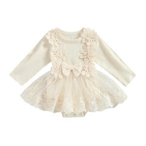 newborn lace tutu romper dress baby girl long sleeve princess tulle dress infant 3d floral onesie photography fall outfits (apricot, 3-6 months)