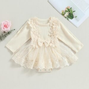 Newborn Lace Tutu Romper Dress Baby Girl Long Sleeve Princess Tulle Dress Infant 3D Floral Onesie Photography Fall Outfits (Apricot, 3-6 Months)