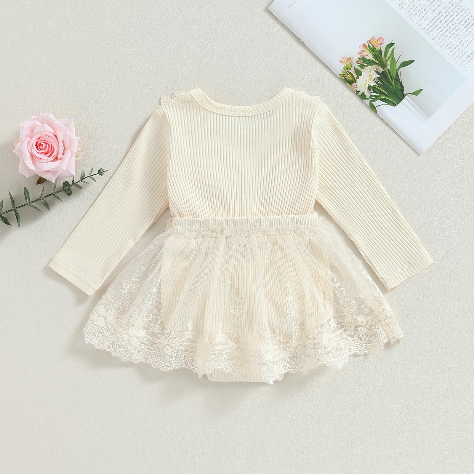 Newborn Lace Tutu Romper Dress Baby Girl Long Sleeve Princess Tulle Dress Infant 3D Floral Onesie Photography Fall Outfits (Apricot, 3-6 Months)