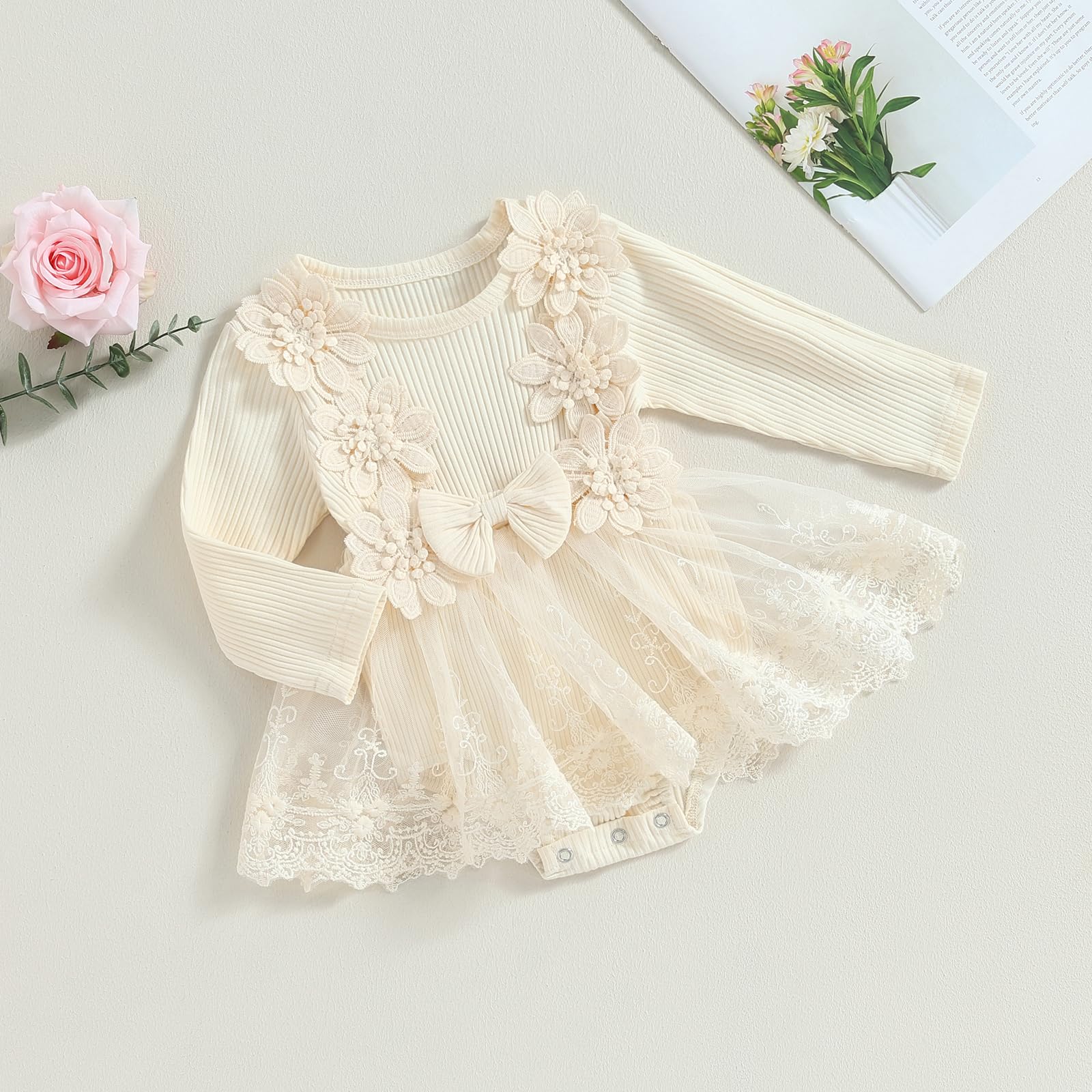 Newborn Lace Tutu Romper Dress Baby Girl Long Sleeve Princess Tulle Dress Infant 3D Floral Onesie Photography Fall Outfits (Apricot, 3-6 Months)