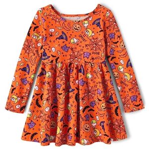 The Children's Place Baby Girls' and Toddler Long Sleeve Halloween Printed Dress, Witch Orange