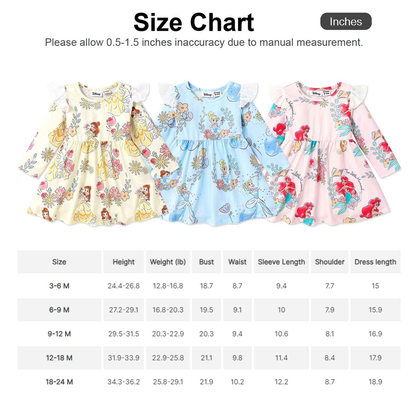 Disney Princess Dresses for Baby Girls Floral Ruffled Long-Sleeve Playwear Dress, Yellow, 6-9 Months