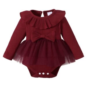 OPAWO Newborn Baby Girl Bodysuits Long Sleeve Ribbed Romper Onsies with Tulle Skirt Infant Baby Girl Dresses 0-18 Months(Red, 3-6 Months)