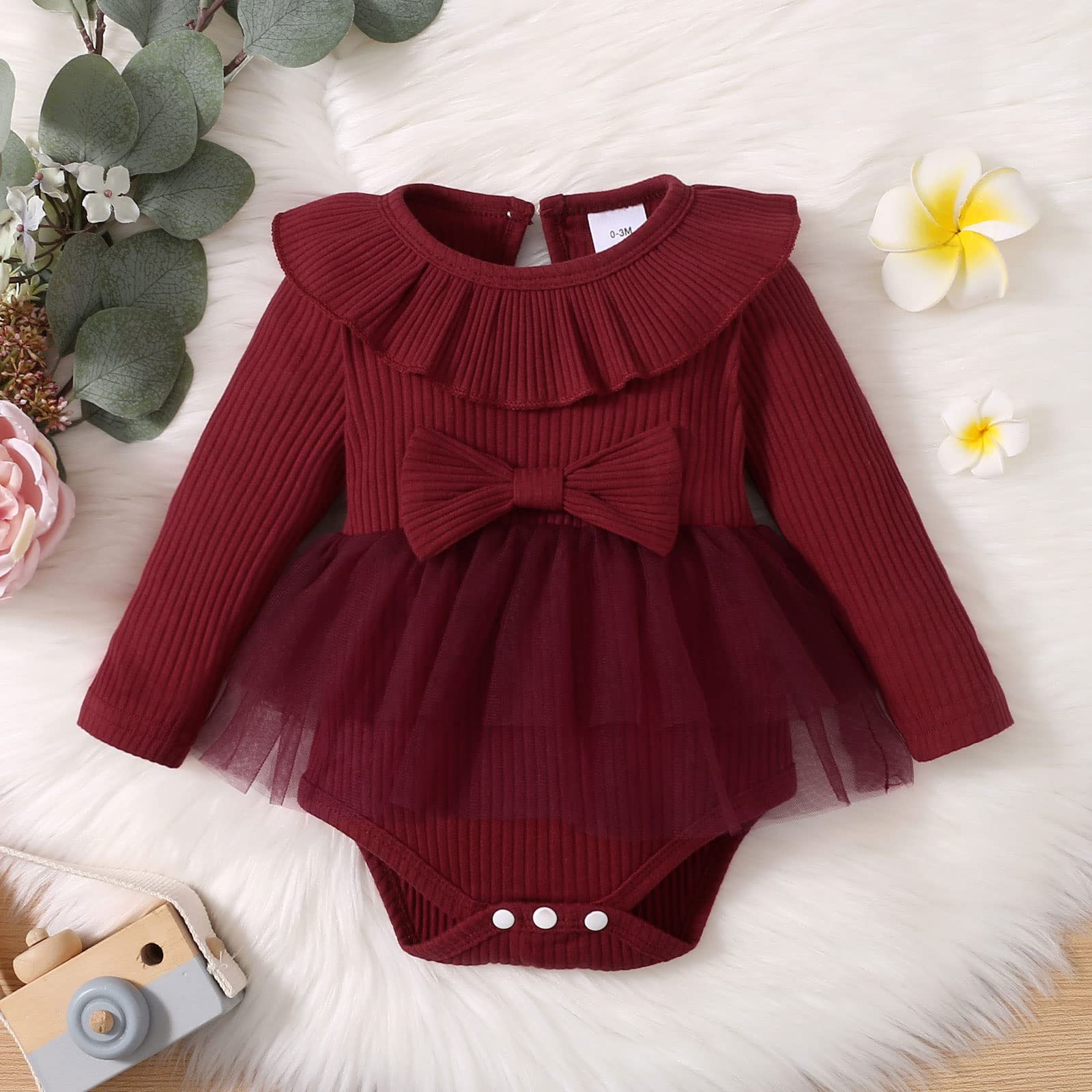 OPAWO Newborn Baby Girl Bodysuits Long Sleeve Ribbed Romper Onsies with Tulle Skirt Infant Baby Girl Dresses 0-18 Months(Red, 3-6 Months)