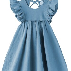 Dutebare Toddler Baby Girl Dress Cotton Linen Ruffle Halter Sleeveless Dresses Kids Summer Sundress Blue 100