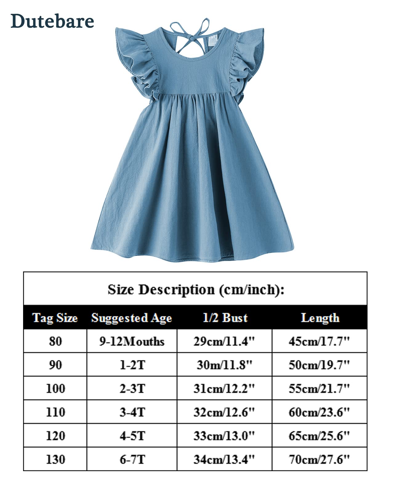 Dutebare Toddler Baby Girl Dress Cotton Linen Ruffle Halter Sleeveless Dresses Kids Summer Sundress Blue 100