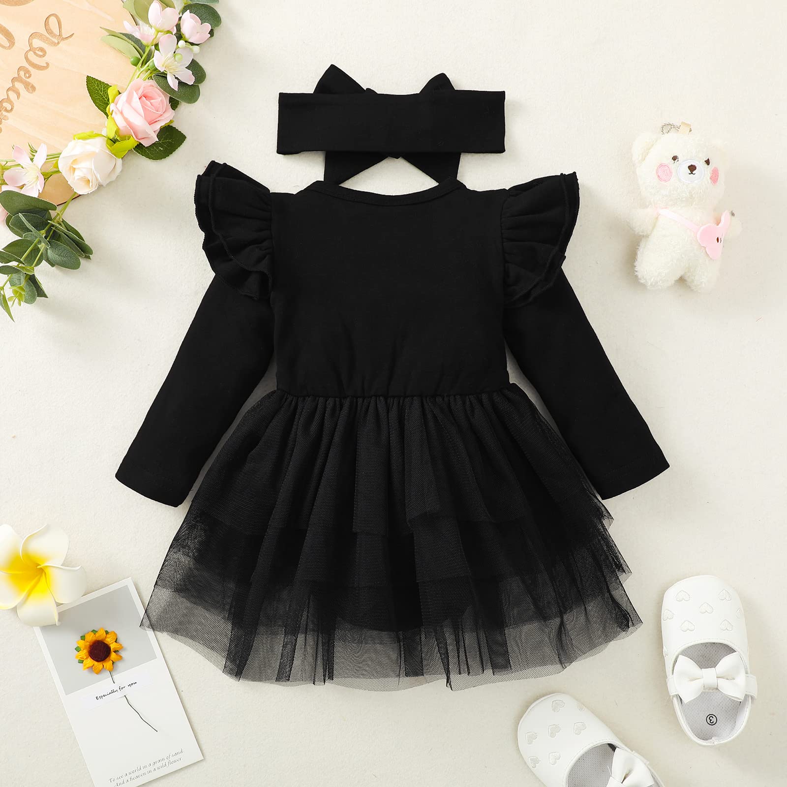 Sanpersonlin Baby Girl Clothes Infant Ruffle Sleeve Romper Dress Newborn Solid Tutu Skirt Sets Jumpsuit Headband Outfit (032A-Black, 3-6 Months)