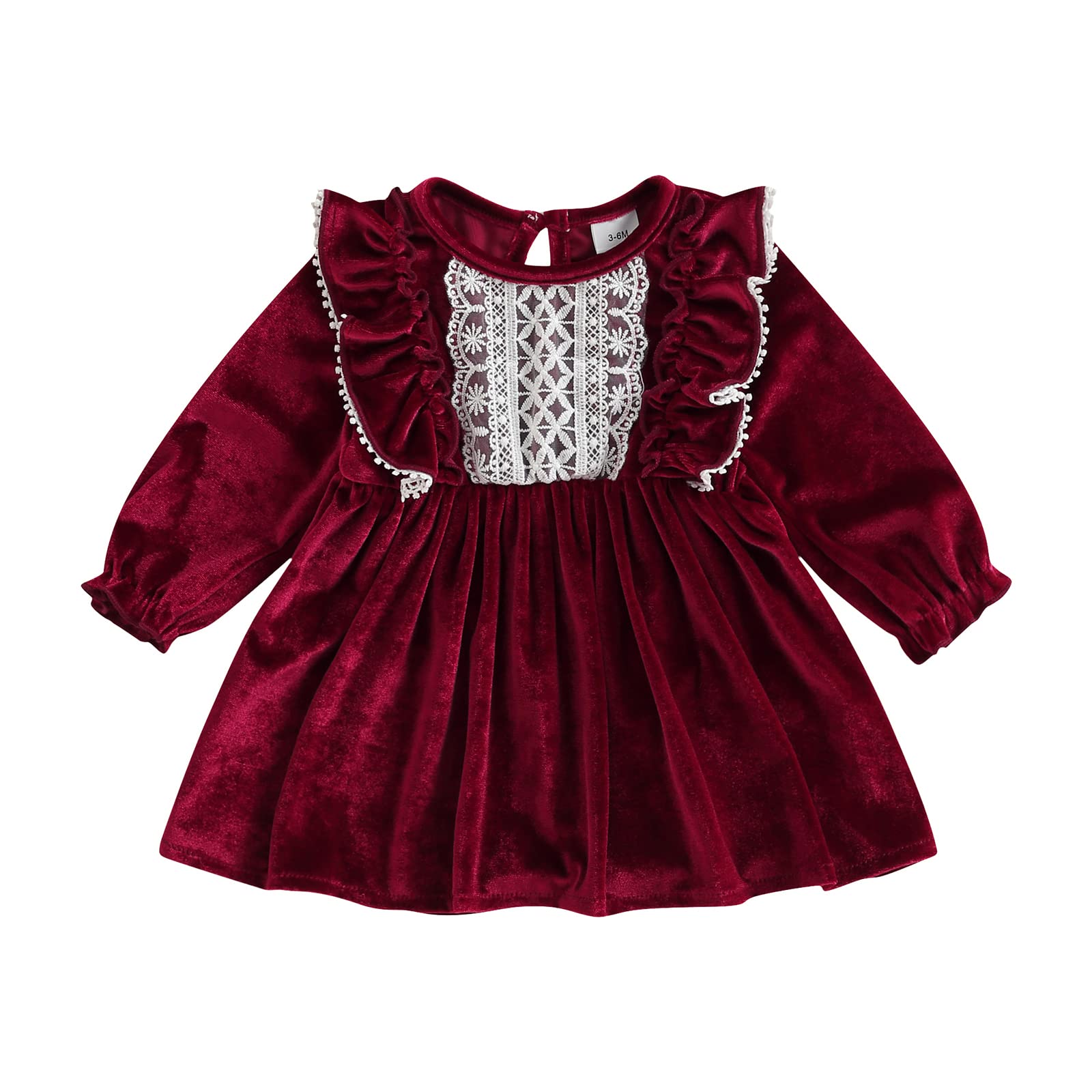 Infant Toddler Girl Christmas Outfits Long Sleeve Dress Lace Vintage One Piece Skirt Red Velvet Party Banquet Sundress (Dark Red, 3-6 Months)