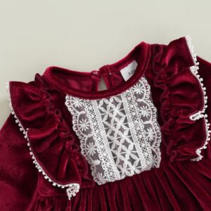 Infant Toddler Girl Christmas Outfits Long Sleeve Dress Lace Vintage One Piece Skirt Red Velvet Party Banquet Sundress (Dark Red, 3-6 Months)