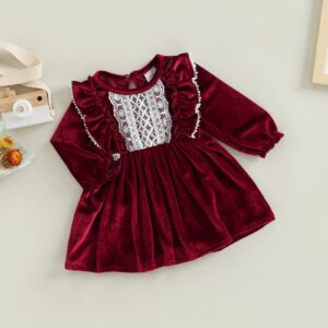 Infant Toddler Girl Christmas Outfits Long Sleeve Dress Lace Vintage One Piece Skirt Red Velvet Party Banquet Sundress (Dark Red, 3-6 Months)