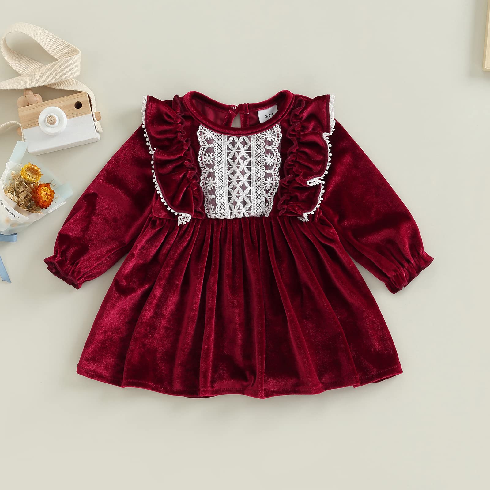 Infant Toddler Girl Christmas Outfits Long Sleeve Dress Lace Vintage One Piece Skirt Red Velvet Party Banquet Sundress (Dark Red, 3-6 Months)