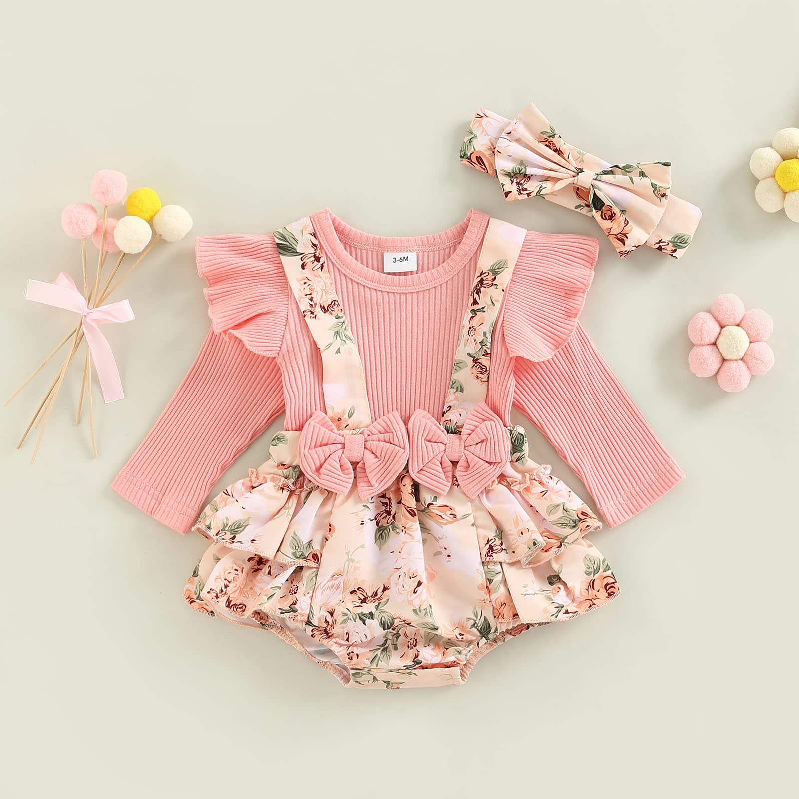 Mubineo Baby Girl Spring Fall Clothes Outfits Long Sleeve Lace Floral Romper Dress Newborn Outfit (Sc Pink, 0-3 Months)