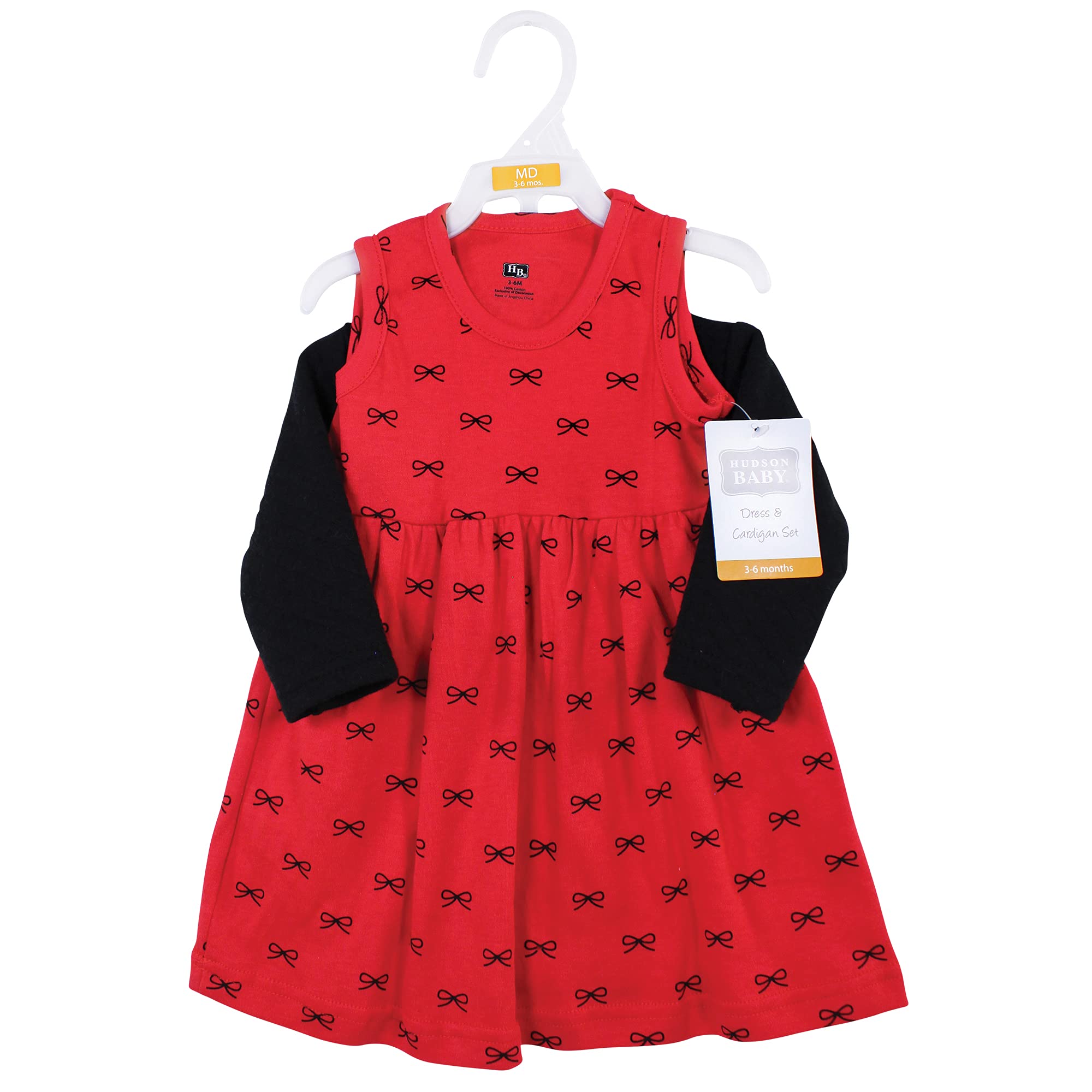 Hudson Baby Baby Girls' Quilted Cardigan and Dress, Red Black Bows, 12-18 Months