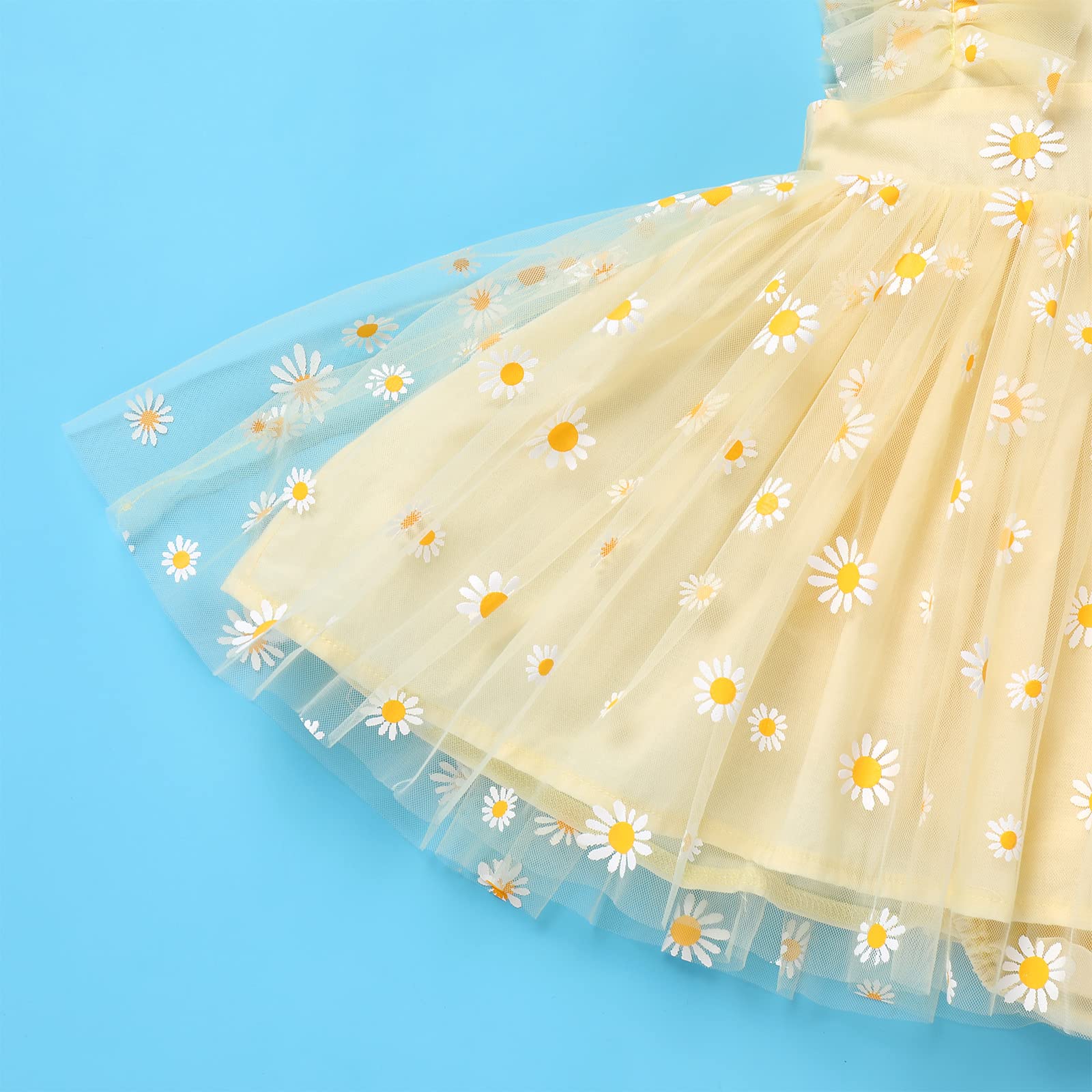 Newborn Infant Baby Girl Ruffle Tutu Romper Dress 1st 2nd Birthday Party Cake Smash Outfit Toddler Summer Flutter Sleeveless Floral Princess Tulle One-picece Baptism Pageant Dress Yellow Daisy 18-24M