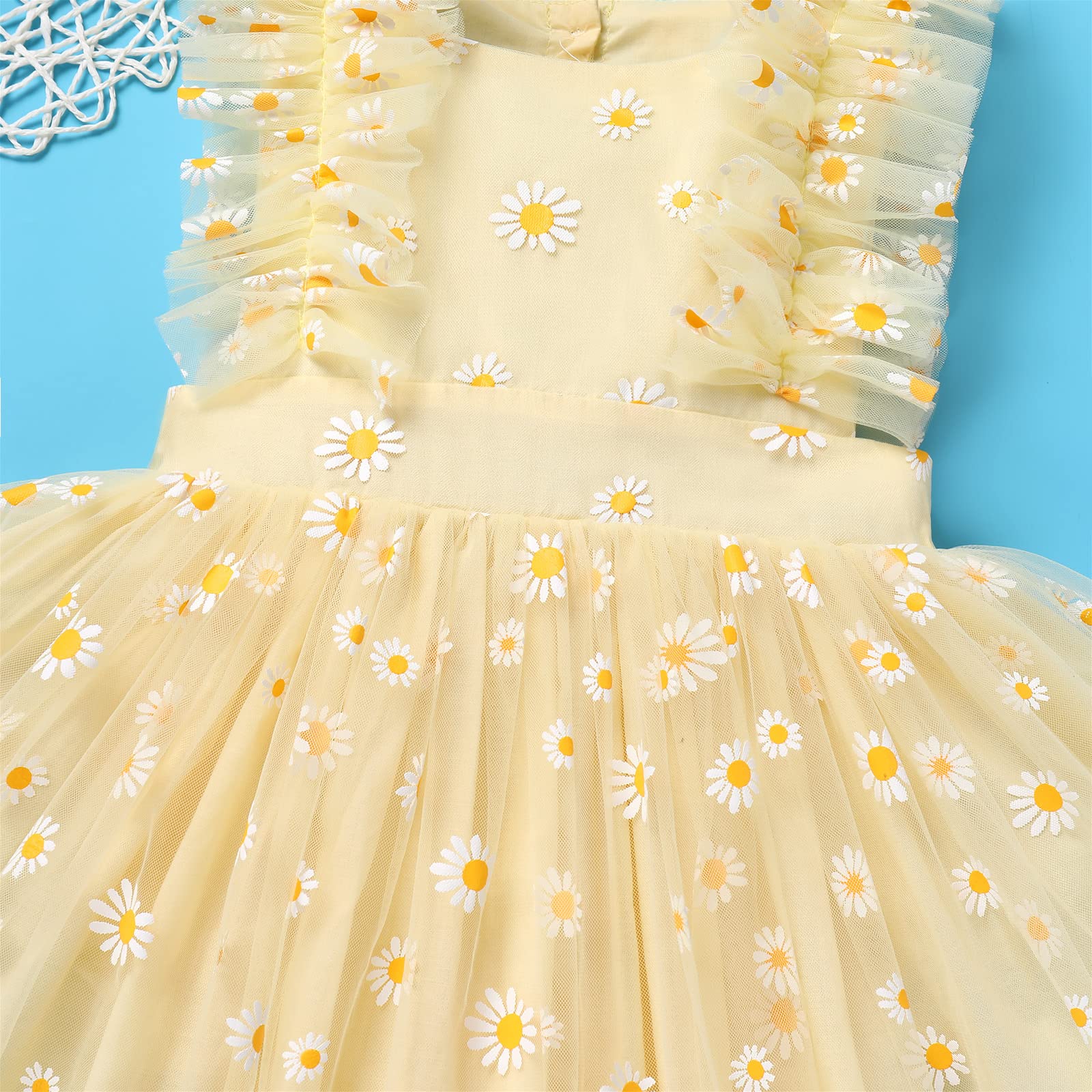 Newborn Infant Baby Girl Ruffle Tutu Romper Dress 1st 2nd Birthday Party Cake Smash Outfit Toddler Summer Flutter Sleeveless Floral Princess Tulle One-picece Baptism Pageant Dress Yellow Daisy 18-24M