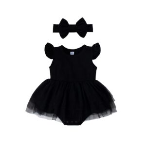 magic park infant tulle dress baby girl ruffle sleeve romper dress solid color tutu skirt with headband holidays clothes (black, 6 months)