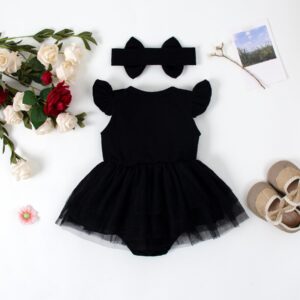 Magic Park Infant Tulle Dress Baby Girl Ruffle Sleeve Romper Dress Solid Color Tutu Skirt with Headband Holidays Clothes (Black, 6 Months)